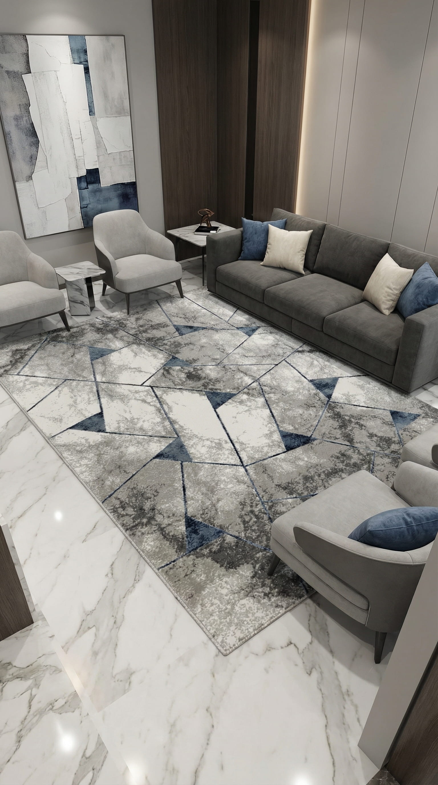 Zev Stone Serisi:Gri Lacivert Modern Geometrik Akrilik Salon Halısı st014 150x230