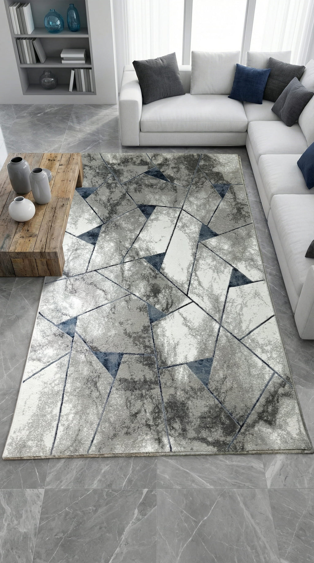 Zev Stone Serisi:Gri Lacivert Modern Geometrik Akrilik Salon Halısı st014 150x230
