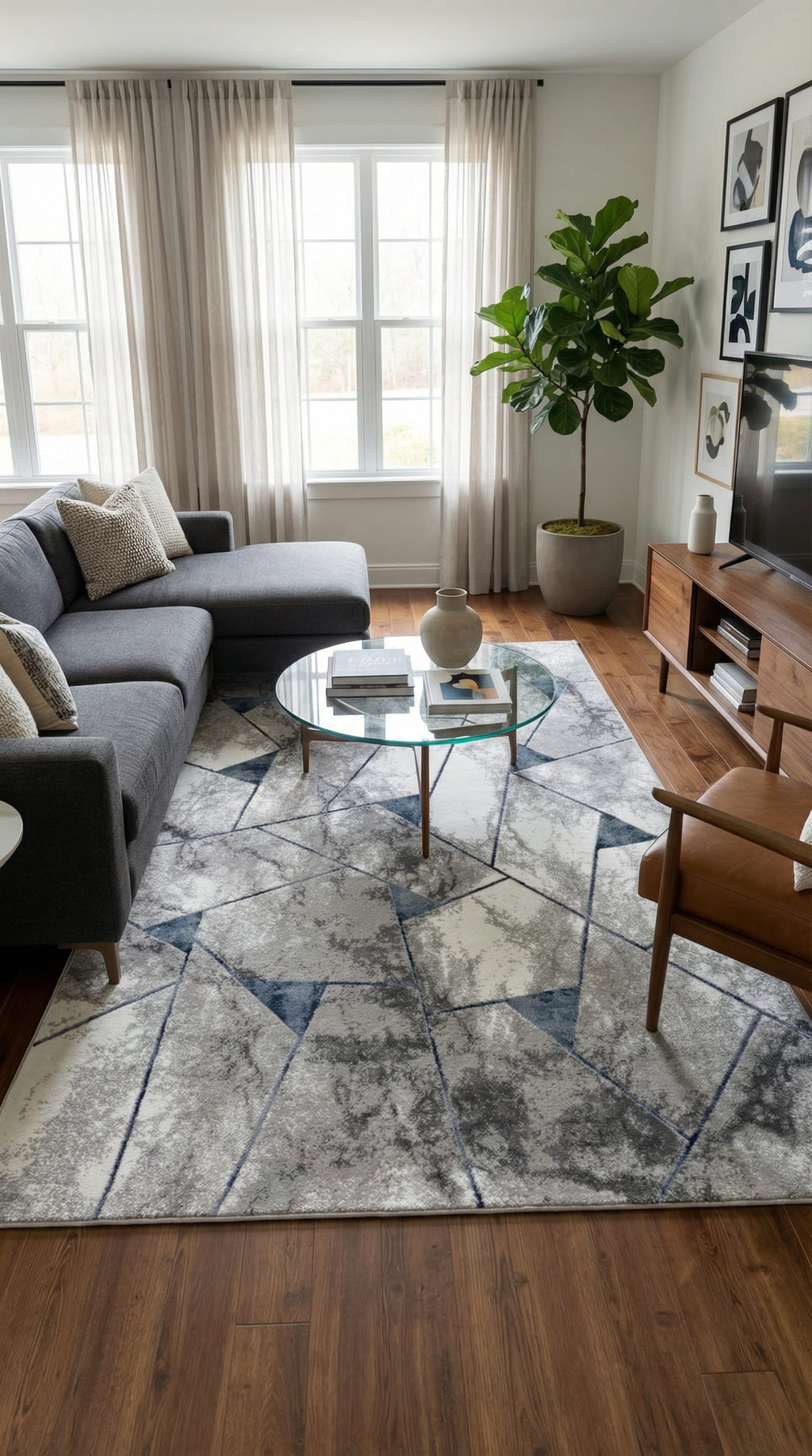 Zev Stone Serisi:Gri Lacivert Modern Geometrik Akrilik Salon Halısı st014 150x230