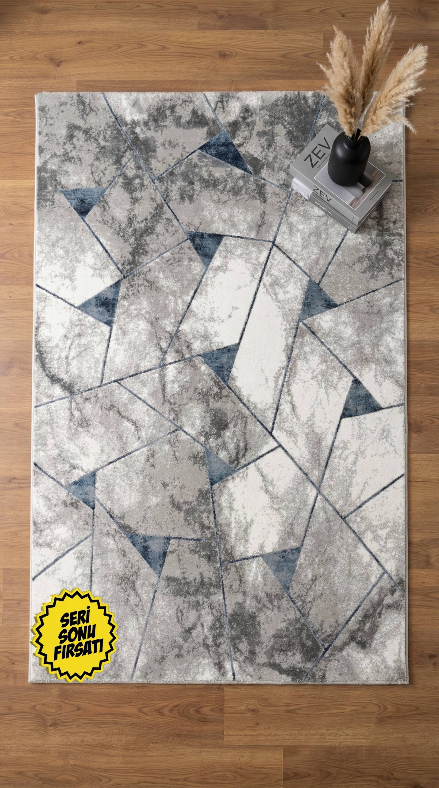 Zev Stone Serisi:Gri Lacivert Modern Geometrik Akrilik Salon Halısı st014 150x230