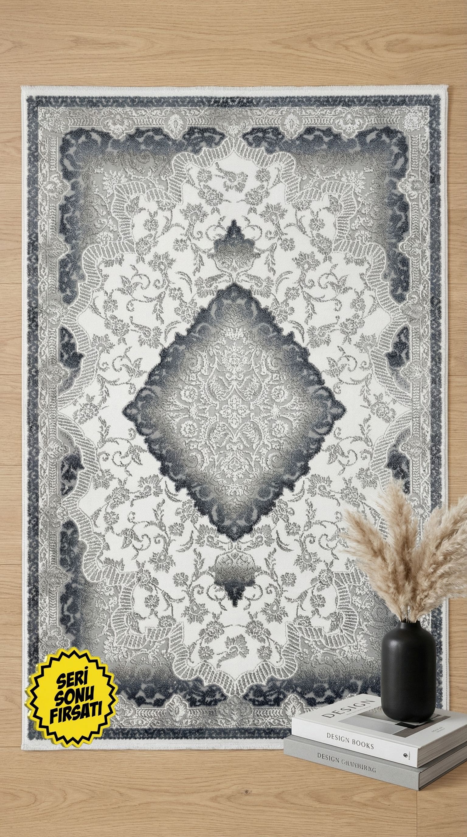 Zev Halı Stone Serisi Vintage Madalyon Akrilik Halı Outlet St003 Gri 150x230