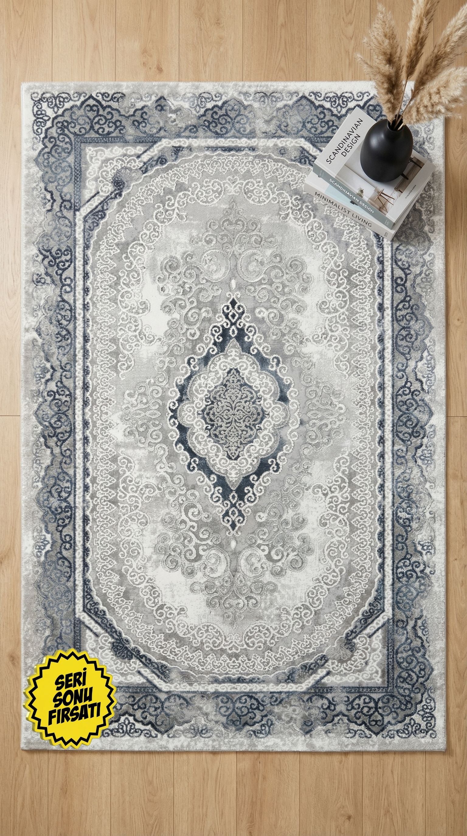 Zev Halı Stone Serisi Klasik Göbekli Akrilik Halı Outlet St004 Gri 150x230