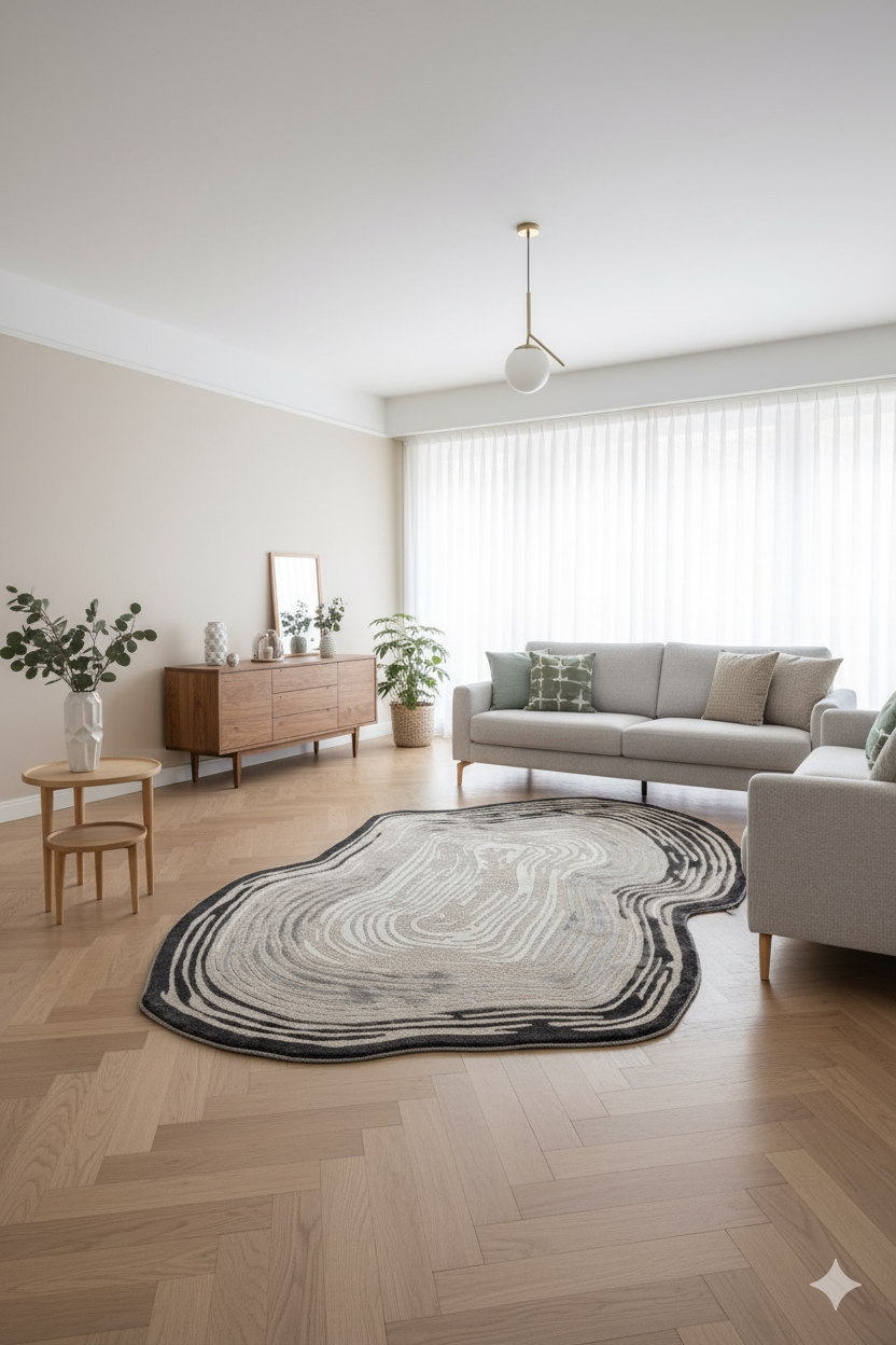 Modern gri ve bej renkli halı, açık gri koltuk ve ahşap mobilyalı minimal salon