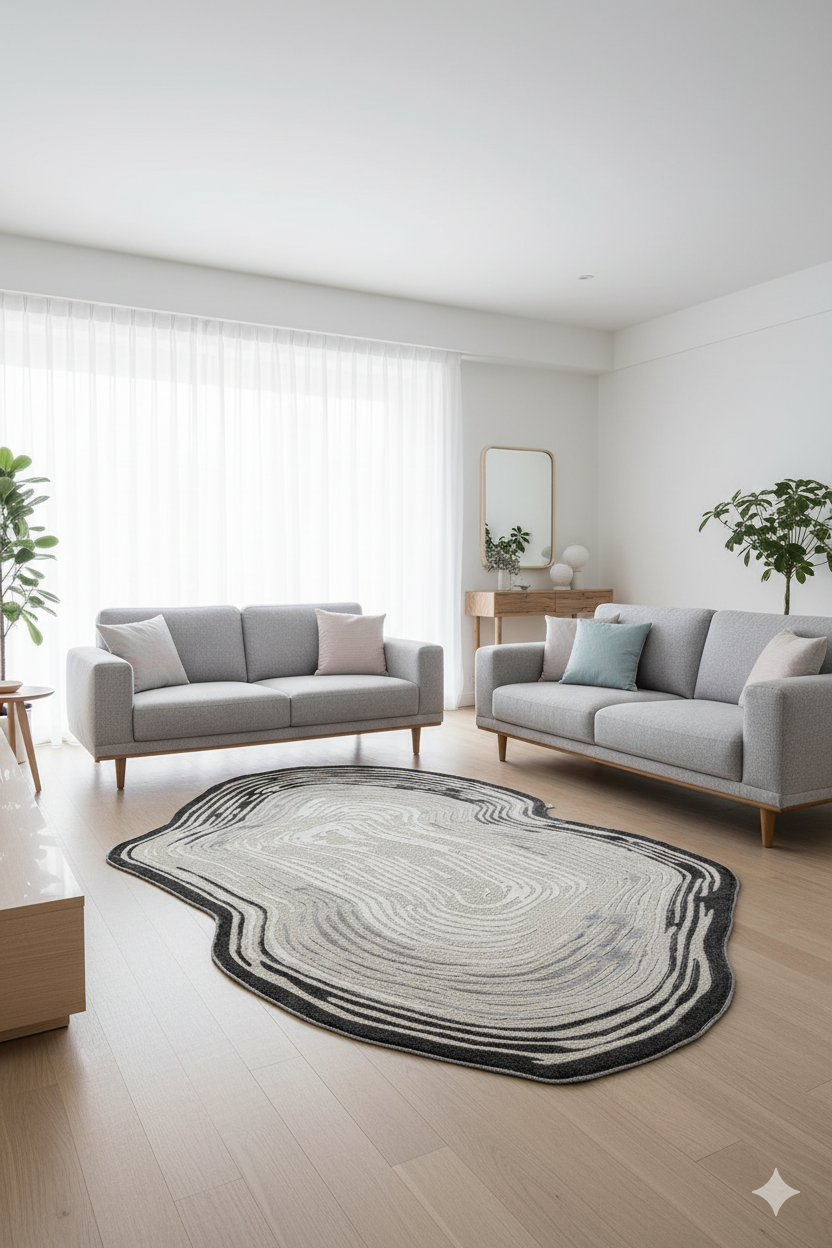 Modern gri koltuklar, dekoratif yastıklar ve organik desenli halı ile aydınlık salon