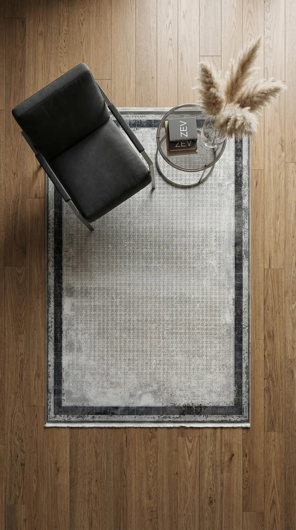 Zev Halı Prime PR011 |Gri Antrasit Çerçeveli Mikro Geometrik Toz Yapmaz Halı 160x230