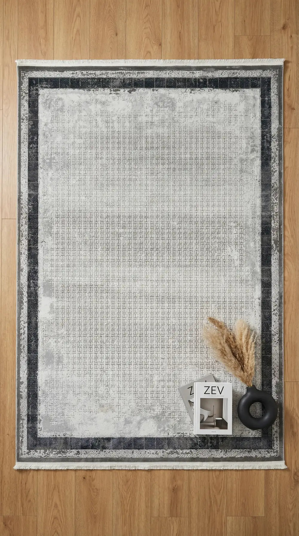 Zev Halı Prime PR011 |Gri Antrasit Çerçeveli Mikro Geometrik Toz Yapmaz Halı 160x230