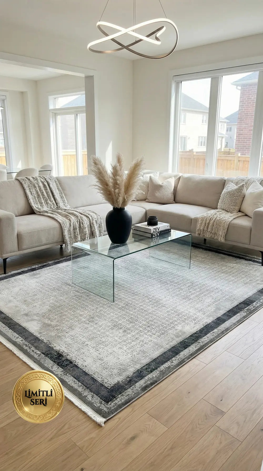 Zev Halı Prime PR011 |Gri Antrasit Çerçeveli Mikro Geometrik Toz Yapmaz Halı 160x230