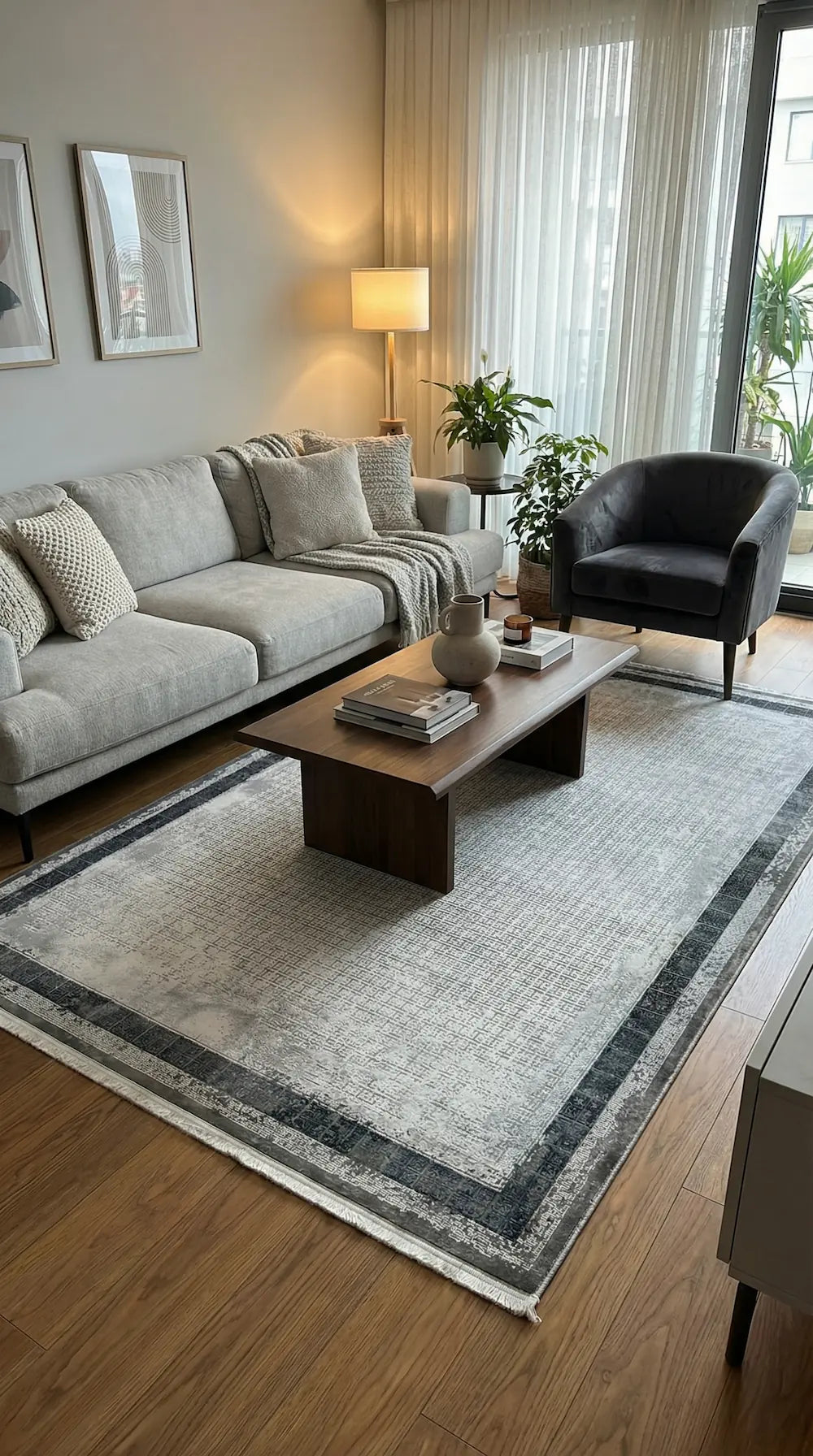 Zev Halı Prime PR011 |Gri Antrasit Çerçeveli Mikro Geometrik Toz Yapmaz Halı 160x230