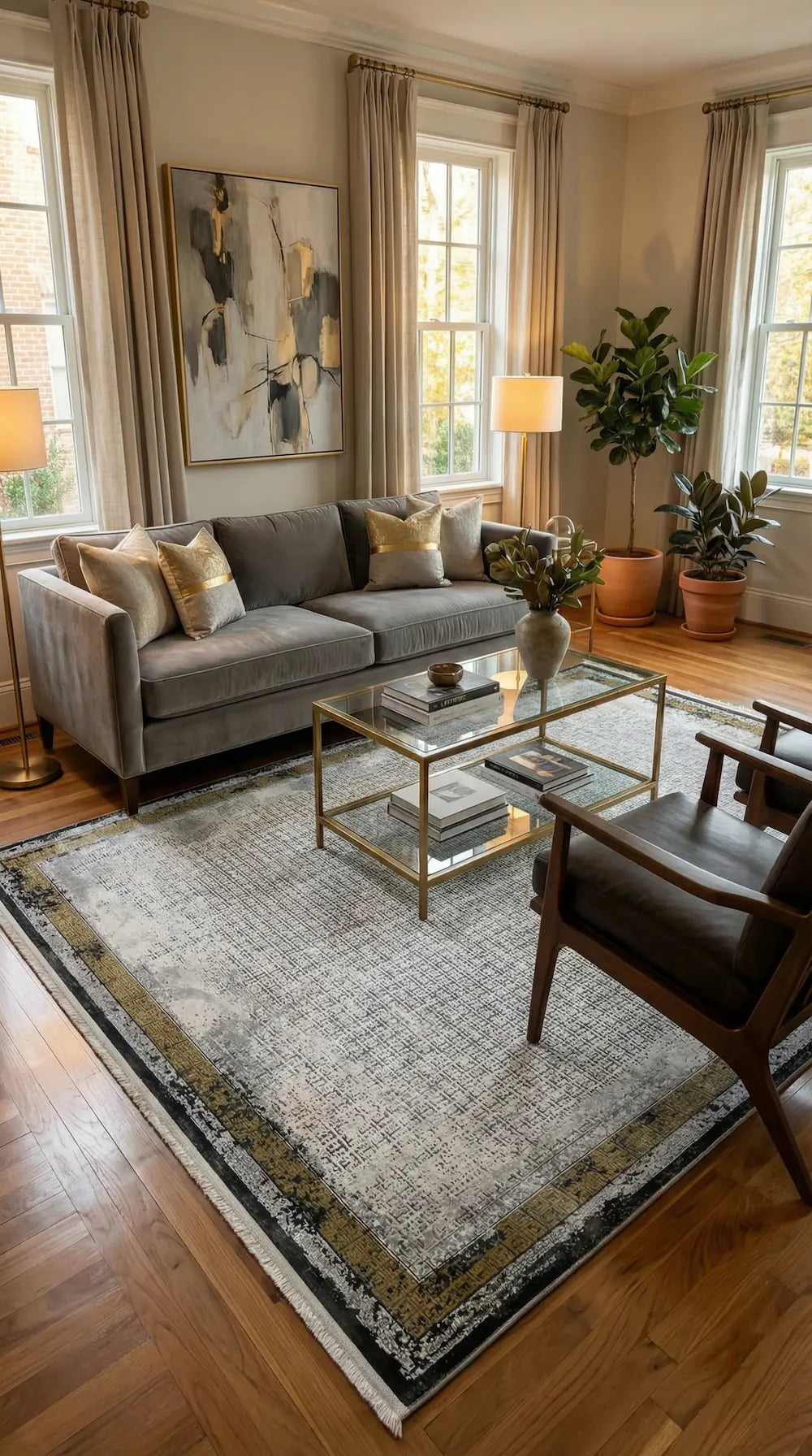 Zev Halı Prime PR014 Gri Gold Çerçeveli Mikro Desenli Toz Yapmaz Halı 160x230