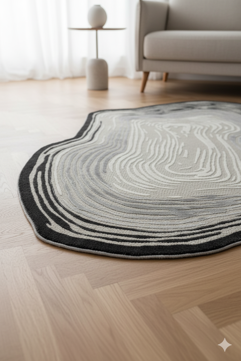 Gri siyah dalgalı desenli modern halı, ahşap parke zeminde, beyaz koltuk ve sehpa ile