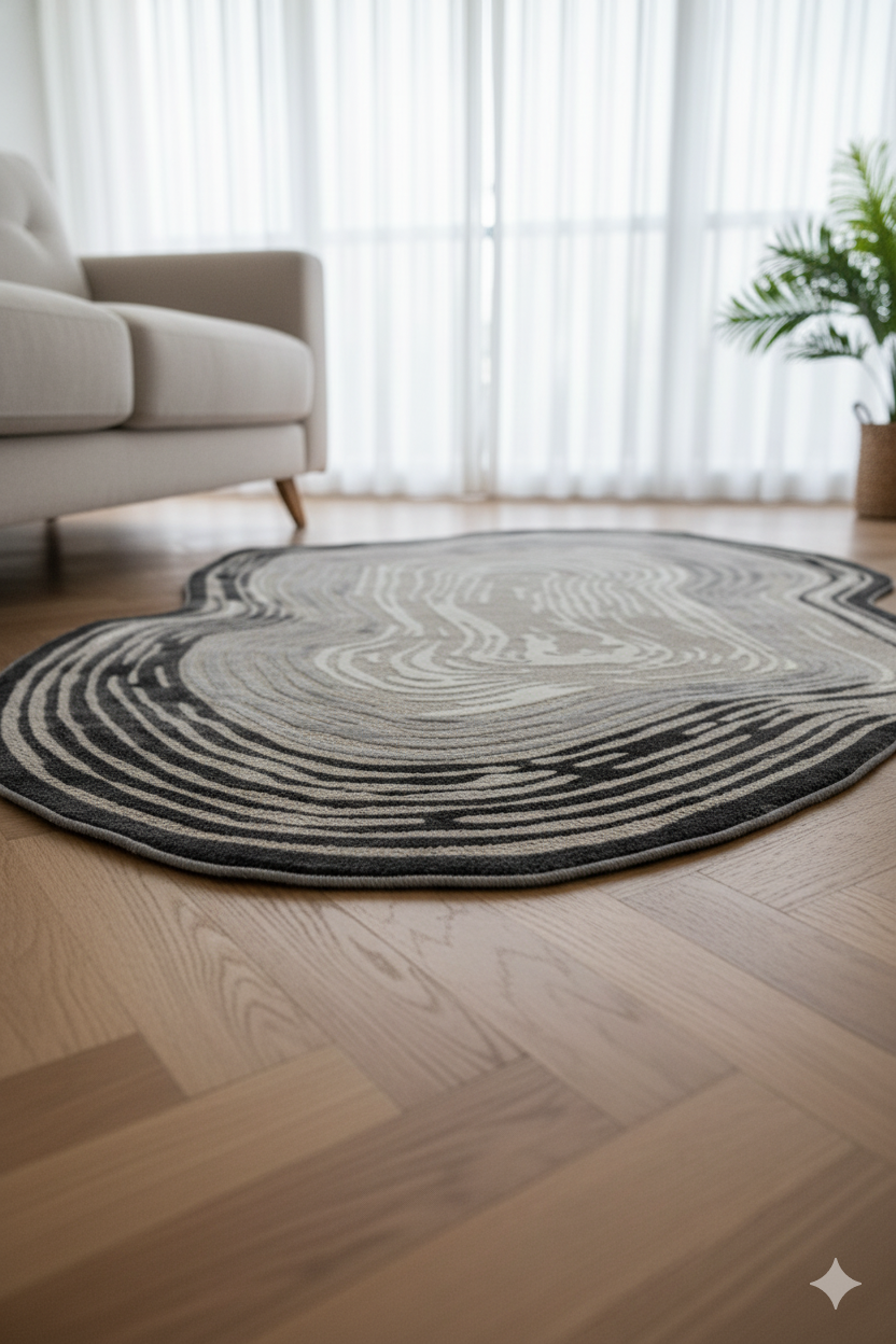 Modern salon dekorasyonunda bej renkli kanepe ve desenli gri-siyah salon halısı