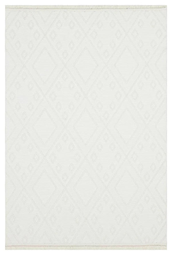 Ekru renkte, geometrik desenli modern makine halısı, kare görünüm