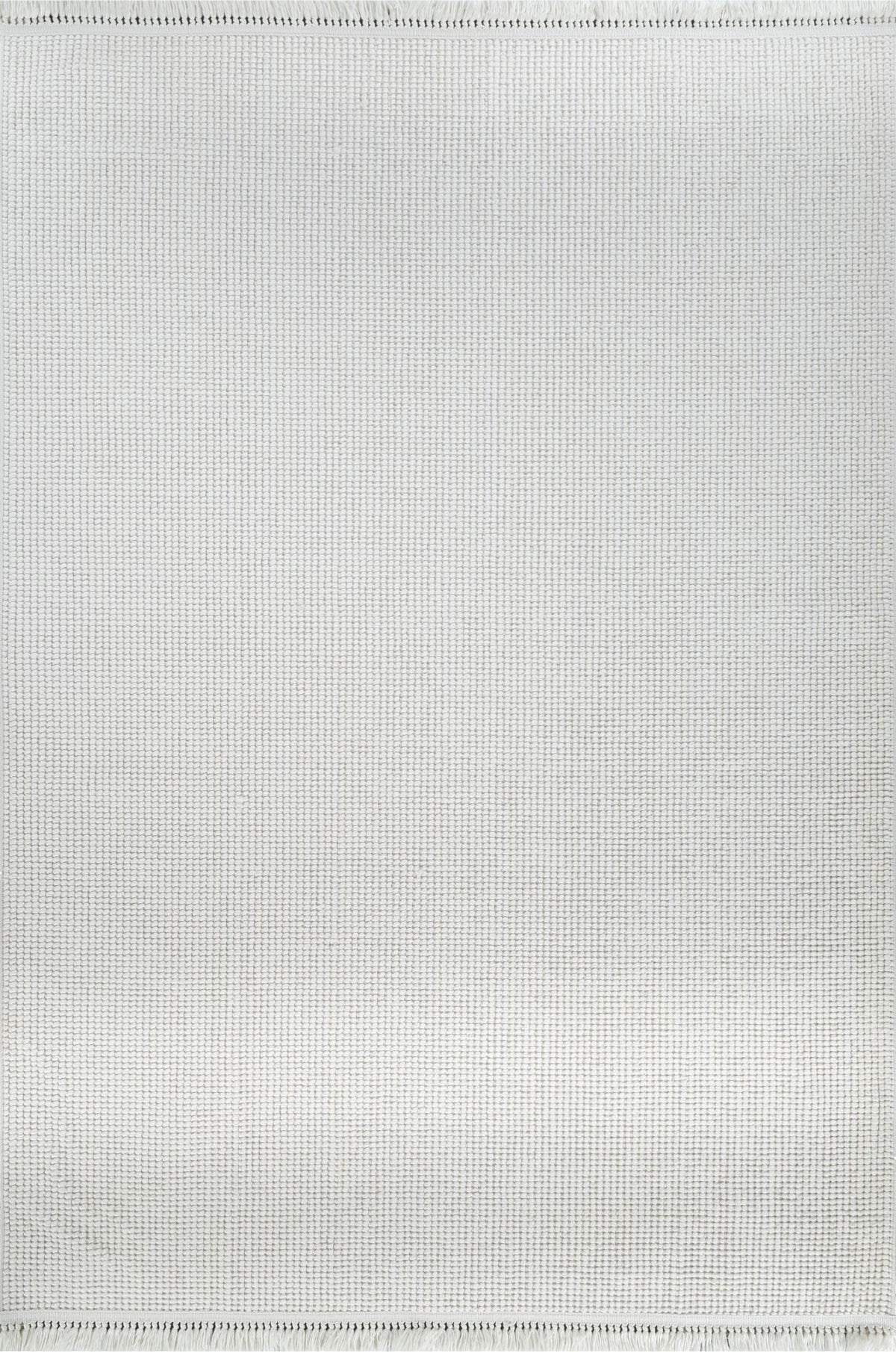 Açık ekru renkli, dokuma görünümlü modern makine halısı, sade tasarımlı çevresi püsküllü