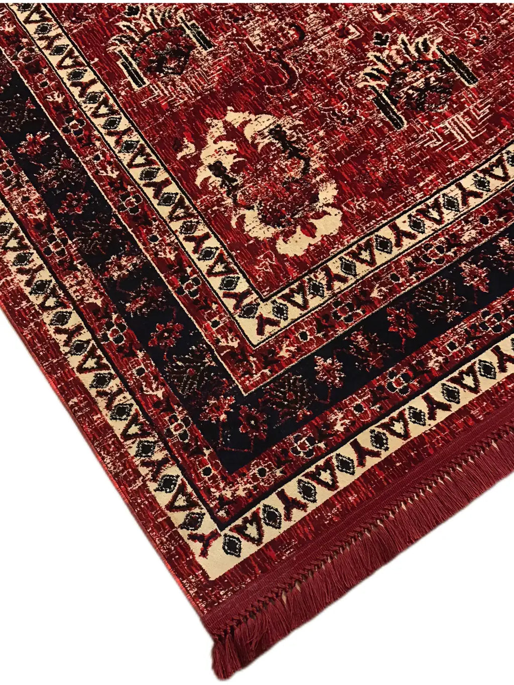 Kırmızı, krem ve siyah renkli Antik Anadolu halısı, detaylı geometrik desenler ve püsküllü kenar