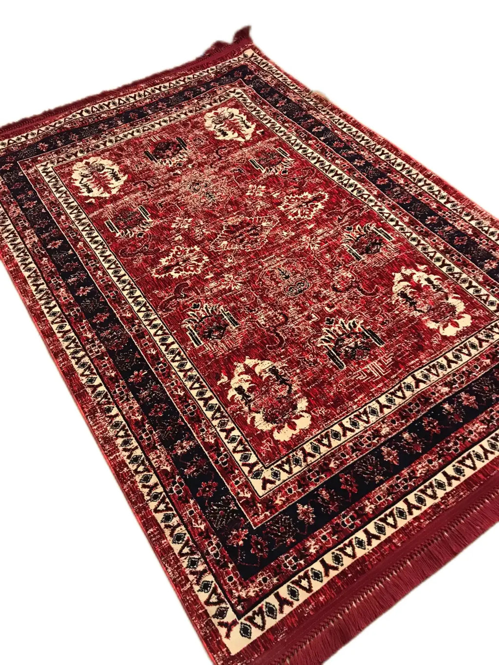 Kırmızı ve siyah renklerde çiçek desenli vintage Osmanlı tarzı halı