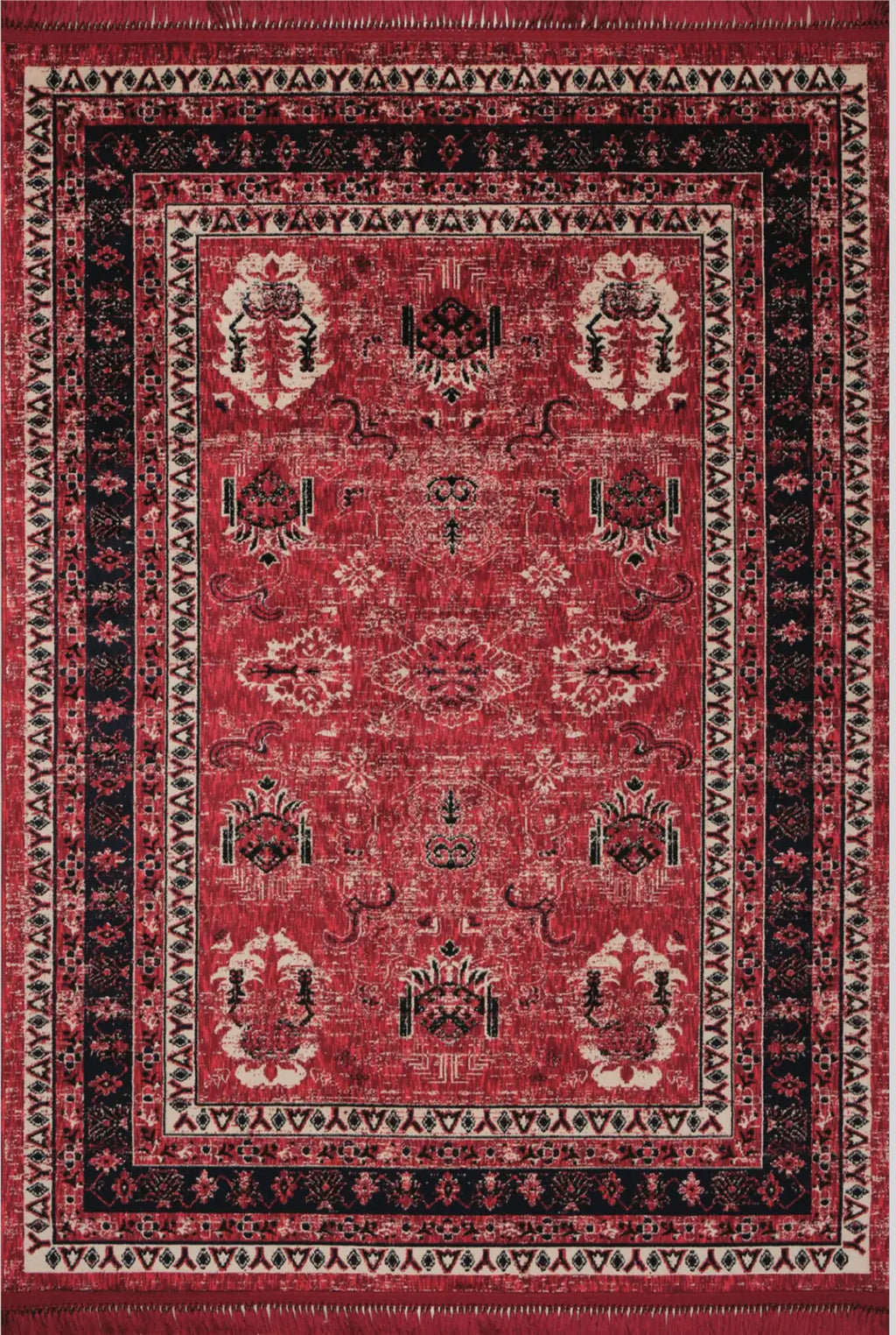 Kırmızı zeminli, klasik motifli bordo ve krem detaylı dekoratif halı