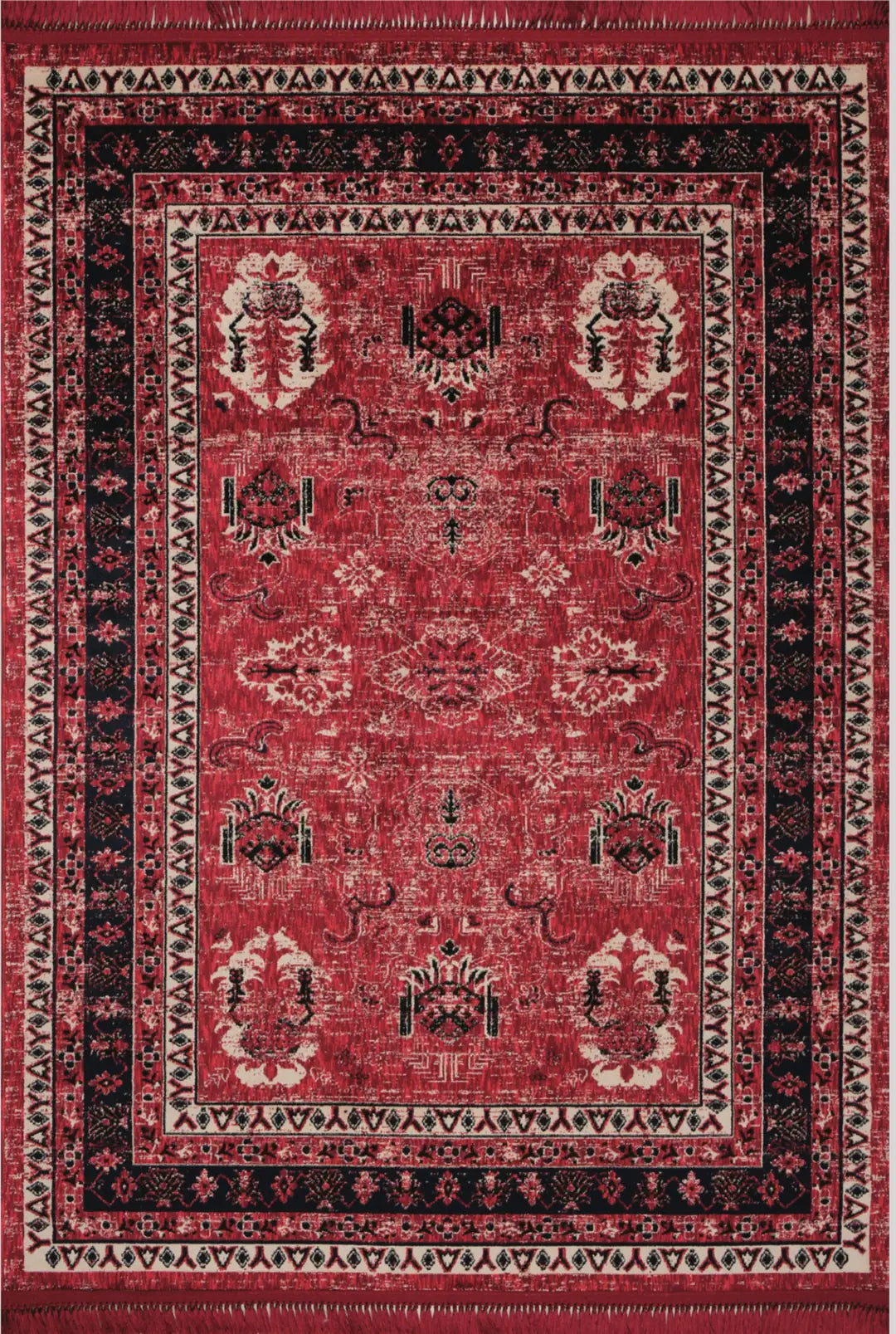 Kırmızı zeminli, klasik motifli bordo ve krem detaylı dekoratif halı