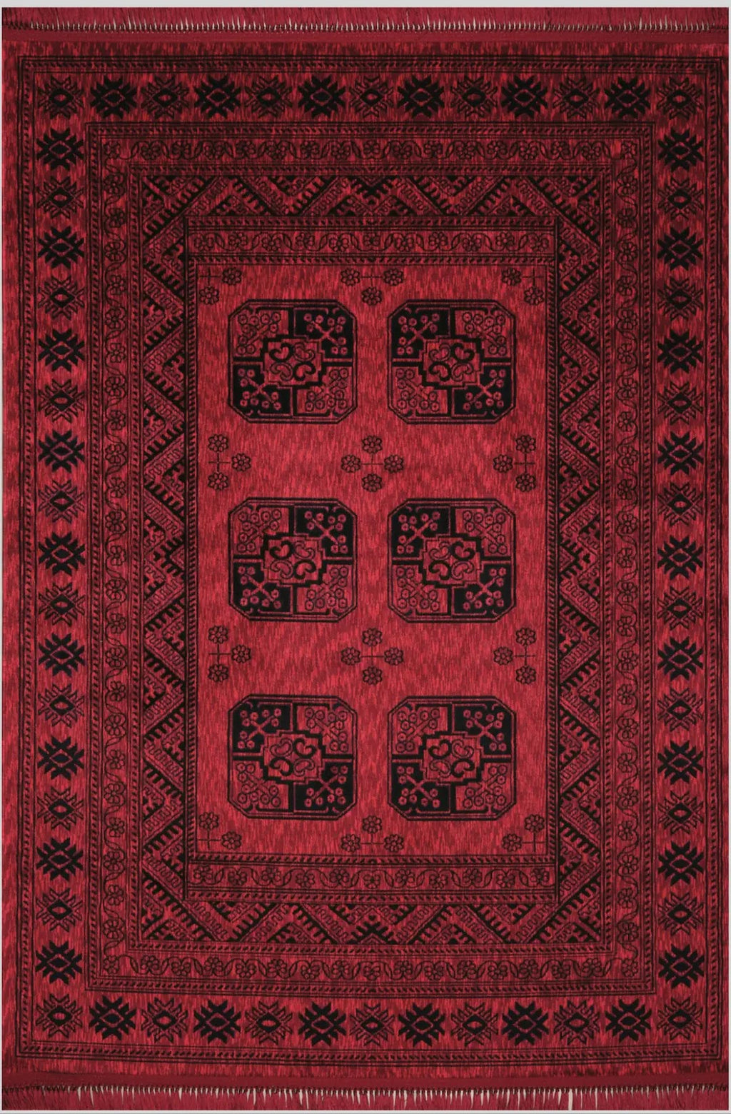 Koyu kırmızı ve siyah desenli klasik Afgan halısı, geometrik ve çiçek motifleriyle