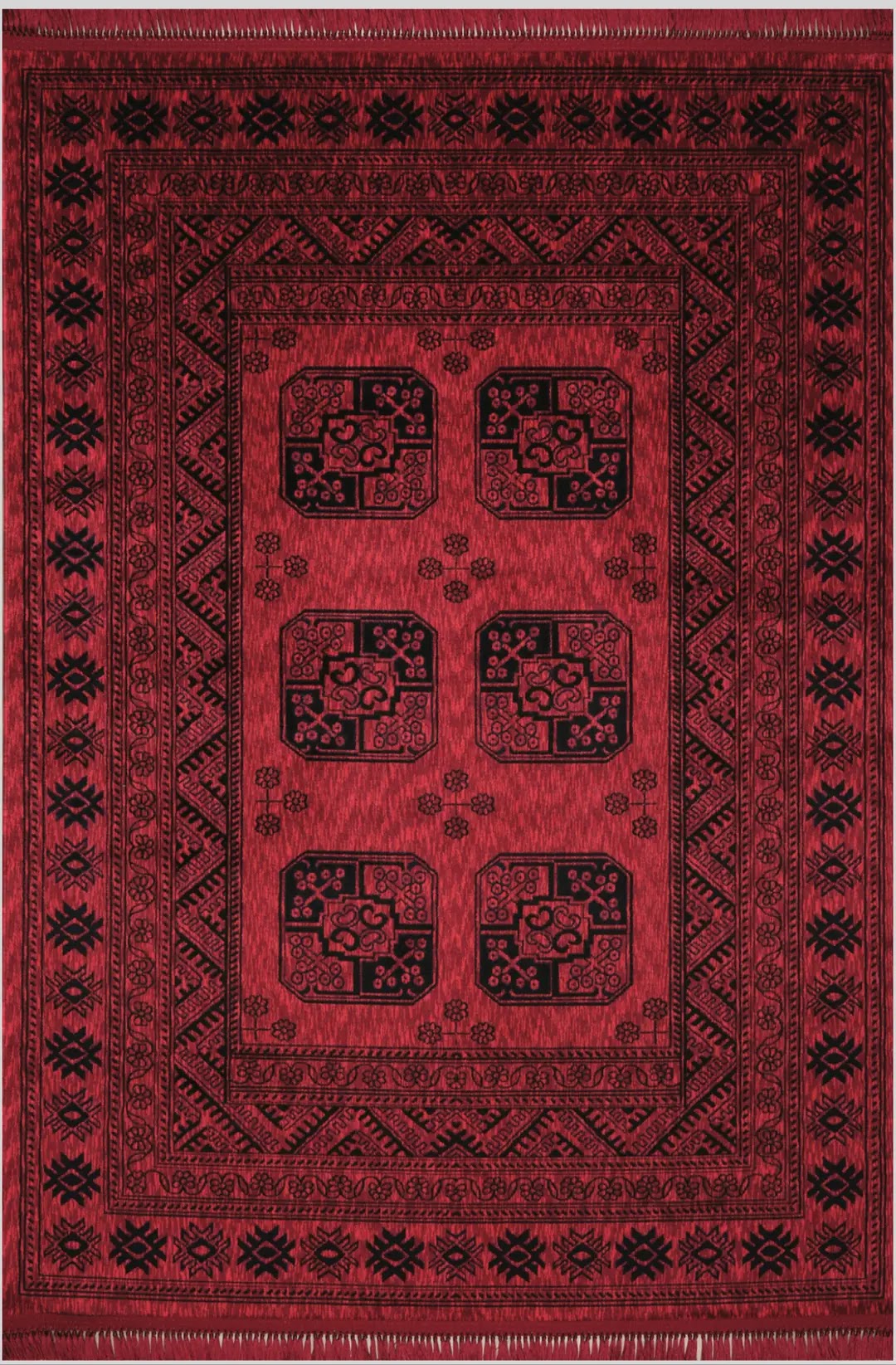 Koyu kırmızı ve siyah desenli klasik Afgan halısı, geometrik ve çiçek motifleriyle