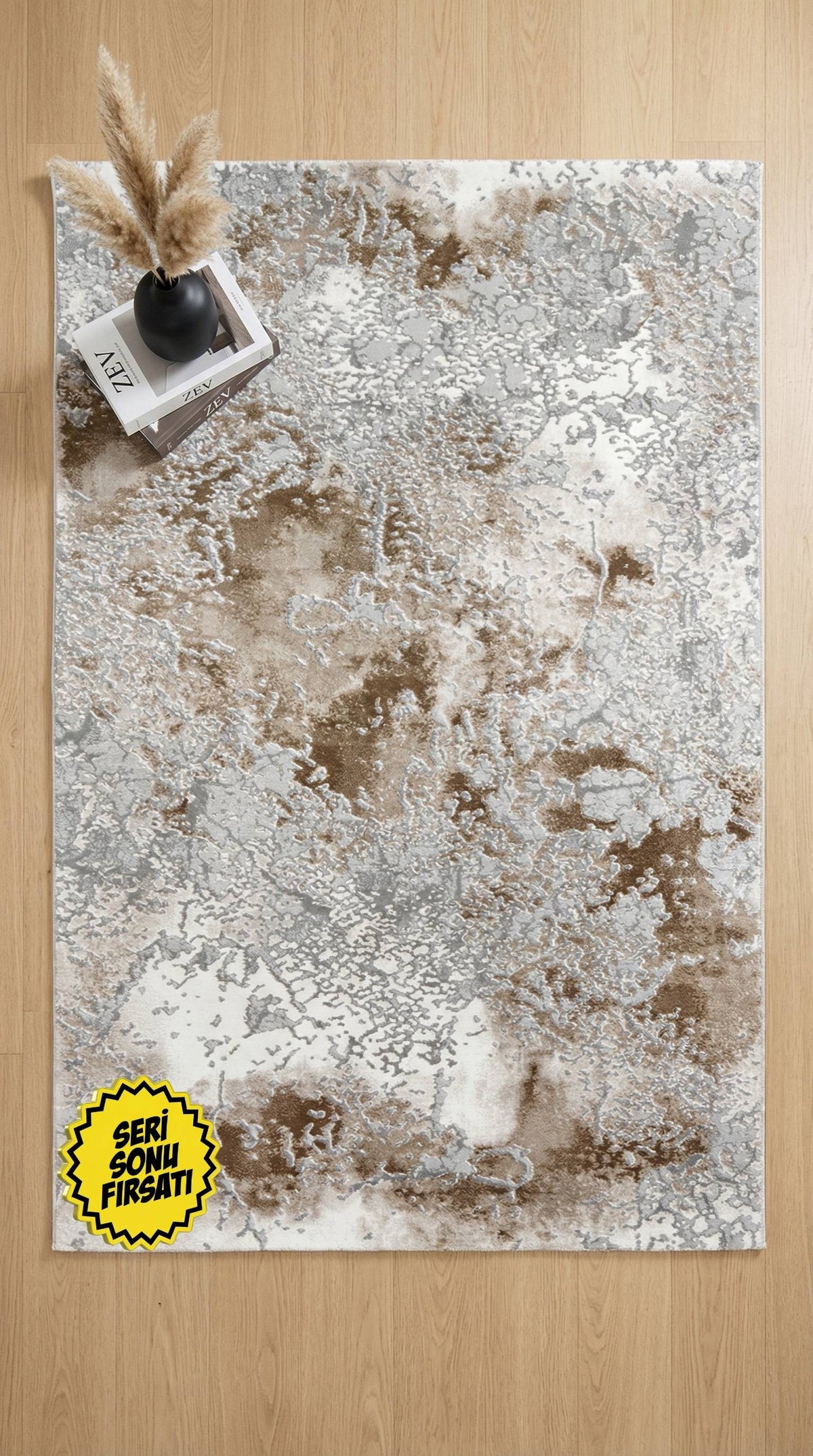 Zev Stone Serisi: Kahve Gri Mermer Desen  Akrilik Salon Halısı - %60 Outlet Fırsatı st012 150x230