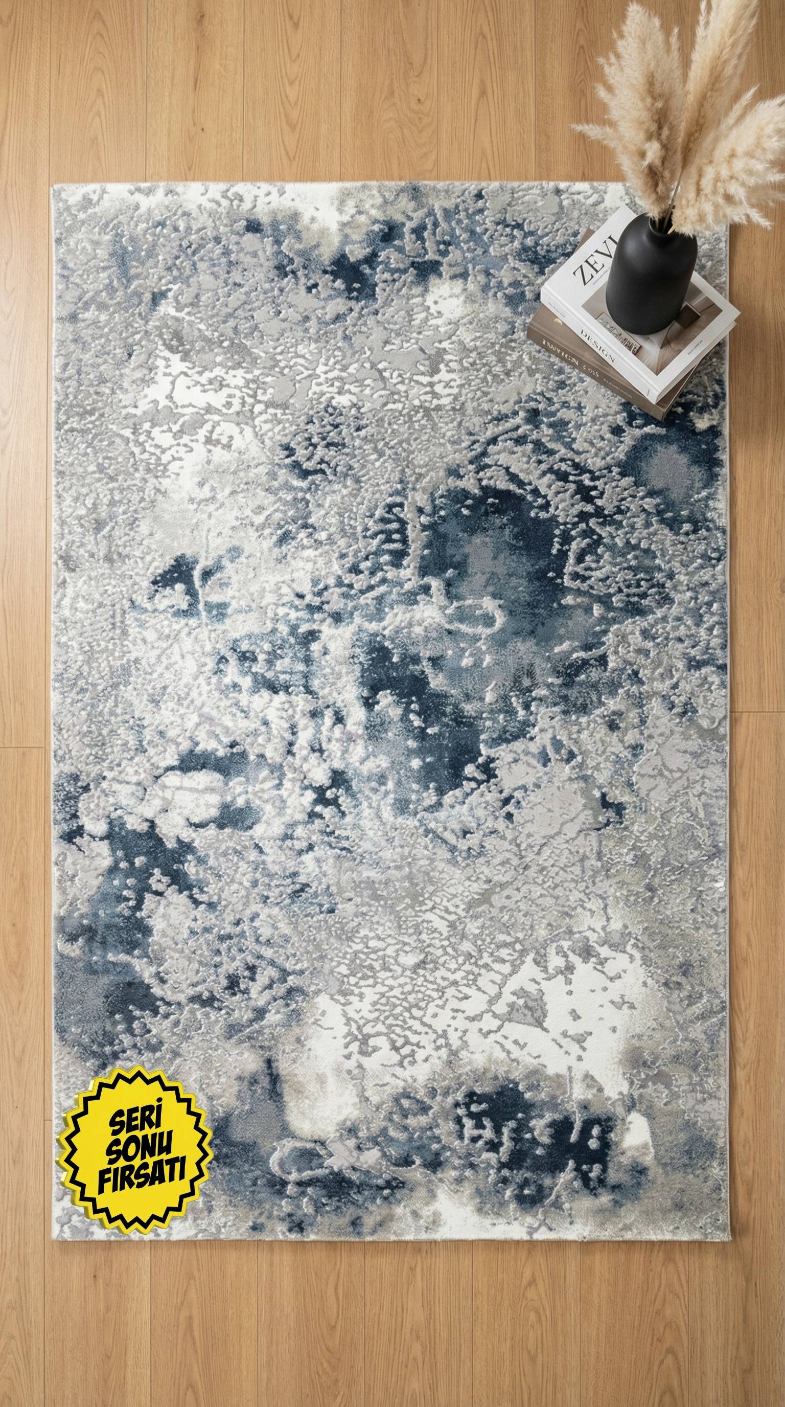Zev Stone Serisi: Lacivert Soyut Mermer Akrilik Oturma Odası Halısı st015 150x230