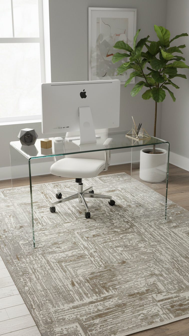 Cam masa, beyaz ofis sandalyesi, bilgisayar ve dekoratif objelerle modern çalışma odası