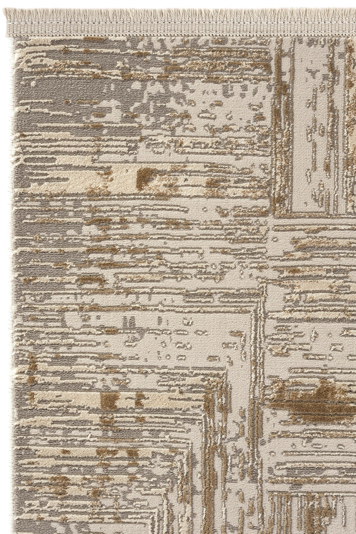 Vizon, bej ve kahverengi renklerde modern desenli halı köşe detay görüntüsü