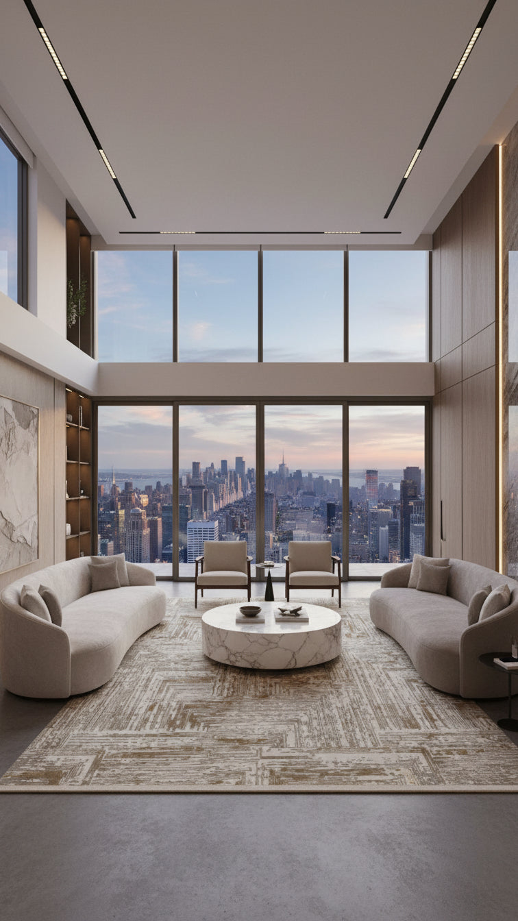 Modern şehir manzaralı geniş oturma odasında bej halı ve gri kanepe takımı