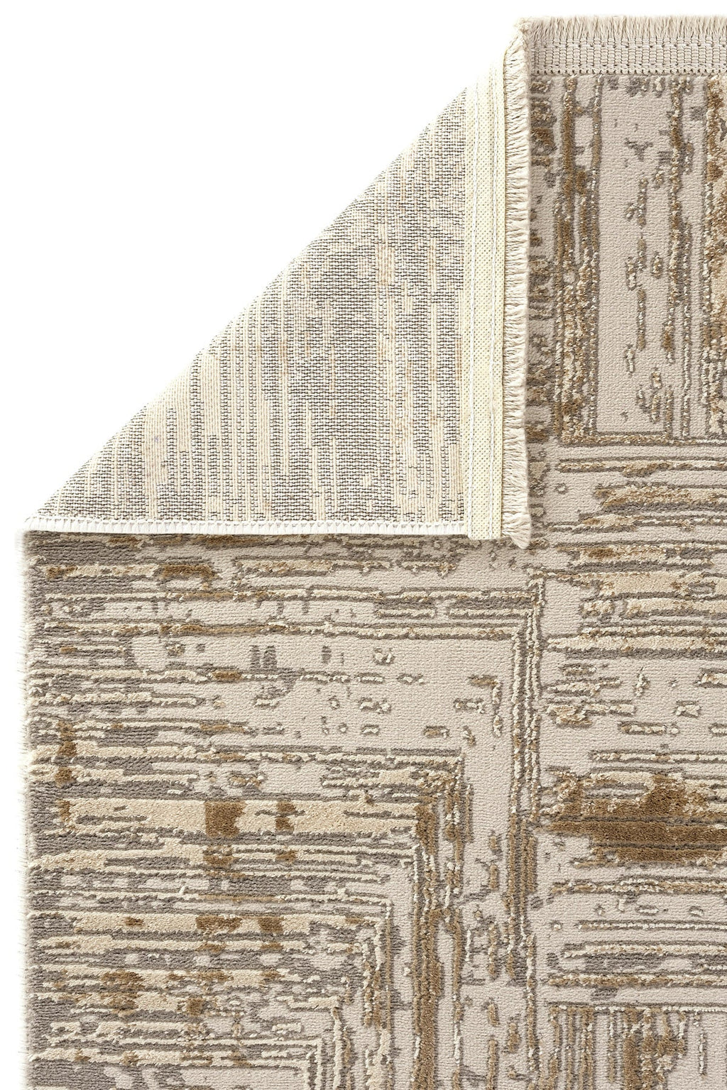 Vizon tonlarında geometrik desenli modern halı köşe detayı, kaliteli dokuma ve yumuşak doku