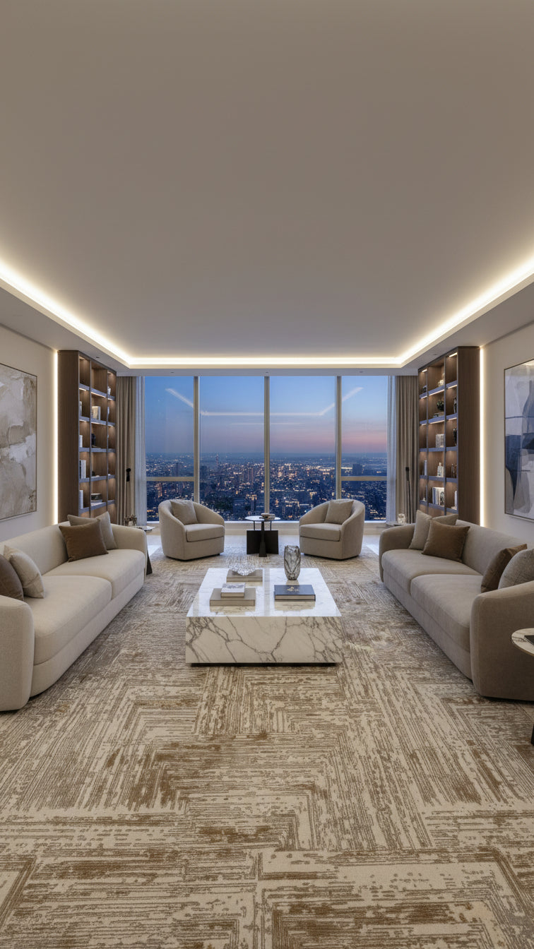 Geniş şehir manzaralı lüks oturma odasında modern bej koltuklar, beyaz mermer sehpa ve dekoratif aksesuarlar