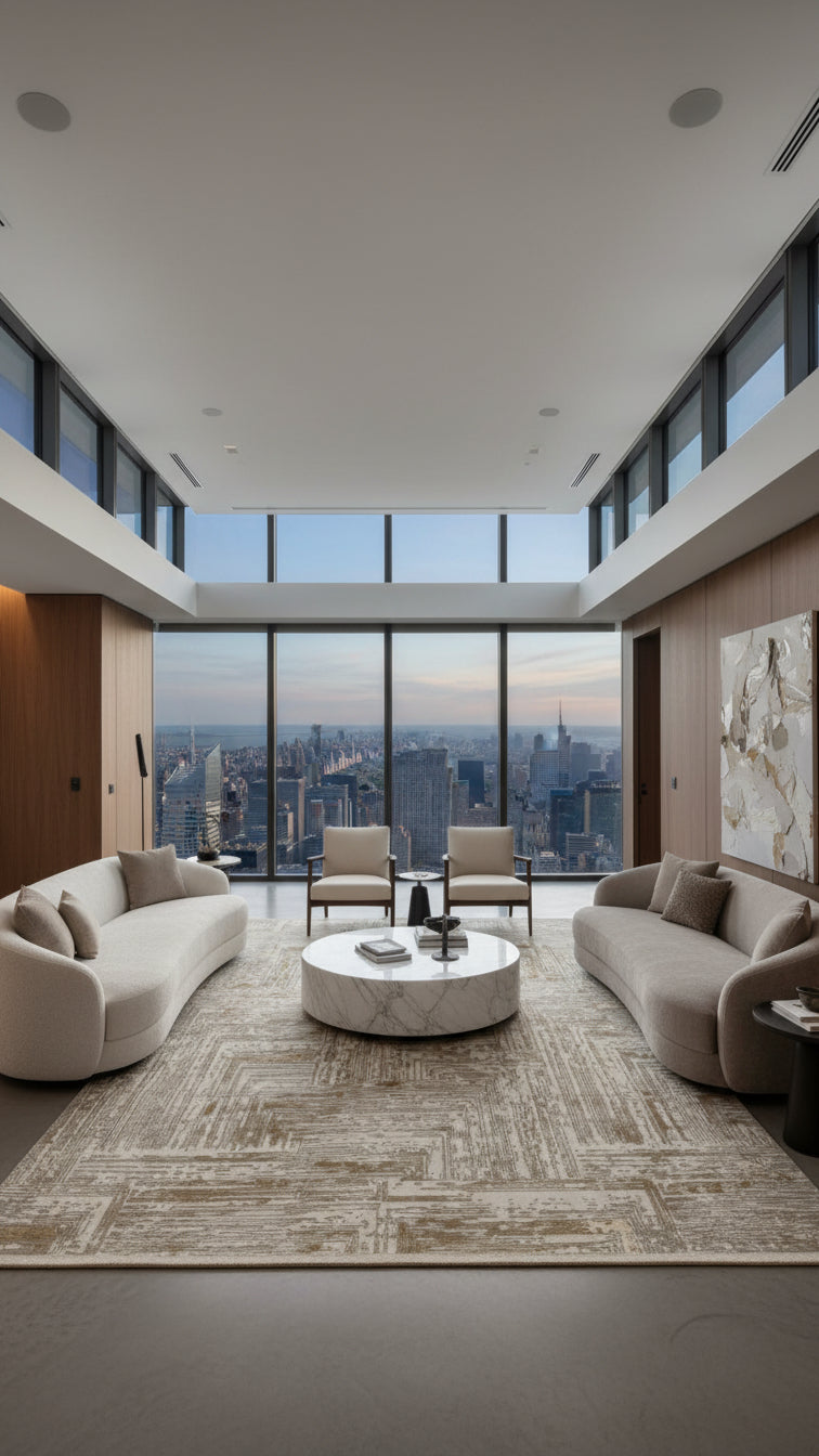 Modern şehir manzaralı oturma odasında vizon halı, krem koltuklar ve mermer yuvarlak sehpa