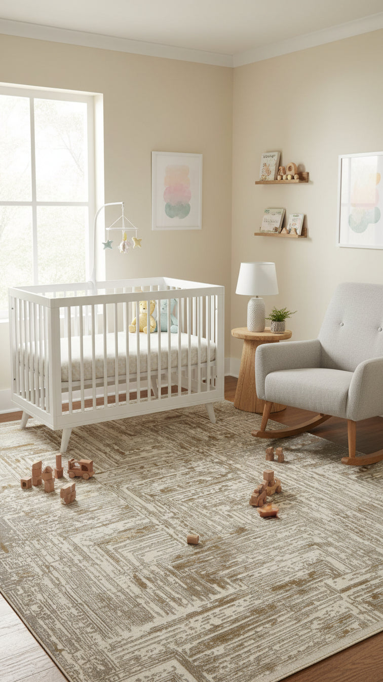 Bebek odasında beyaz beşik, sallanan sandalye, ahşap oyuncaklar ve desenli halı