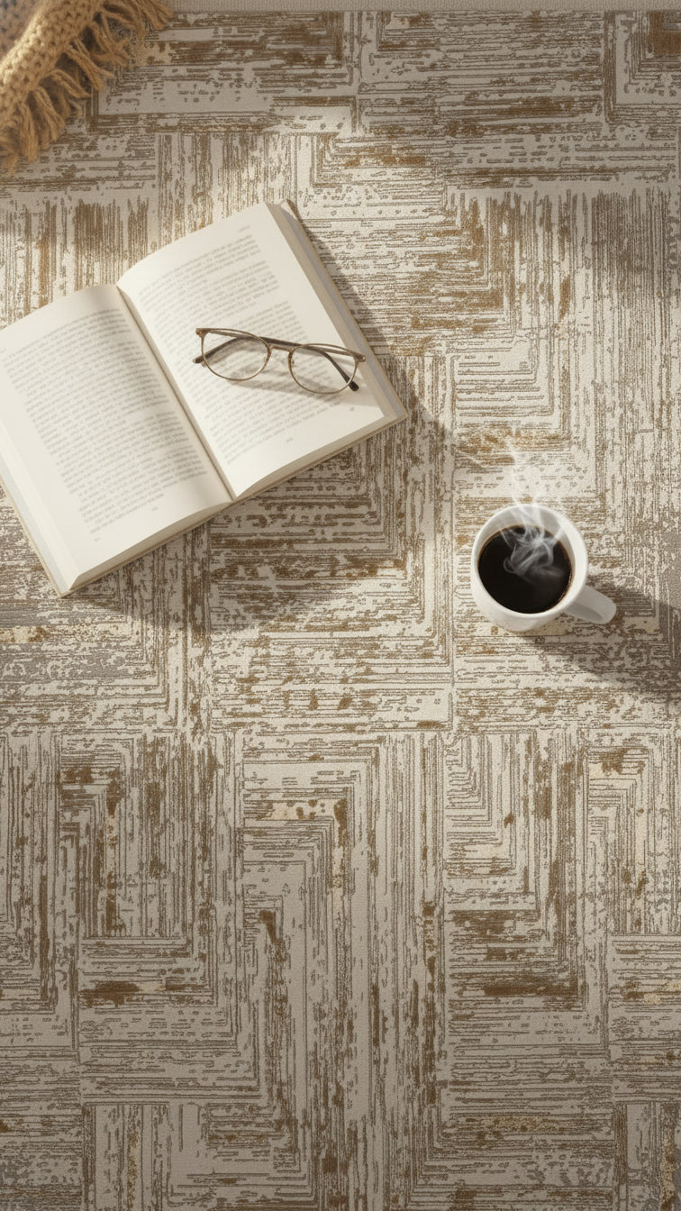 Vizon renkli desenli halının üstünde açık kitap, gözlük ve kahve fincanı