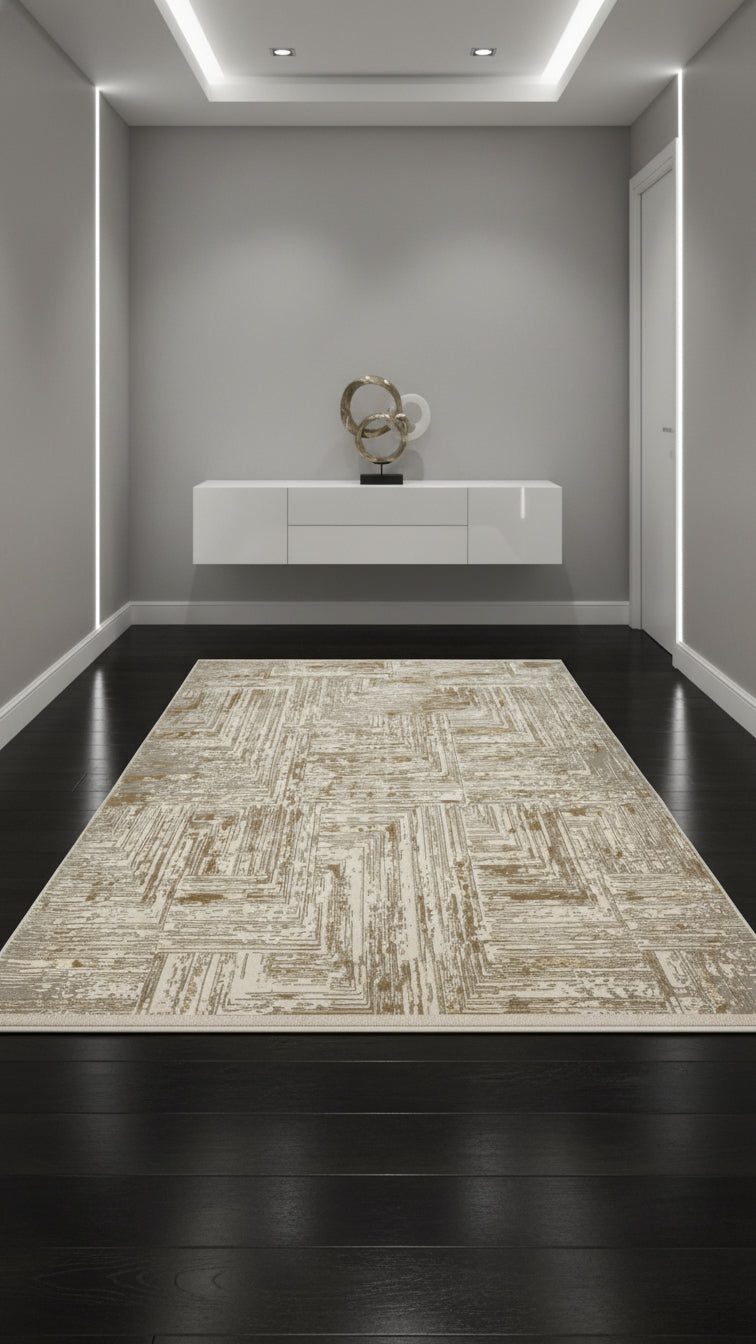 Modern minimalistik odada vizon renkli desenli halı, beyaz duvar ve asma dolap