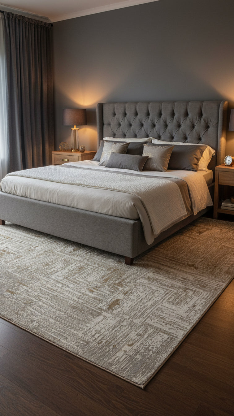 Gri koltuklu yatak odasında bej ve gri tonlarda modern halı, yatak ve komodinler