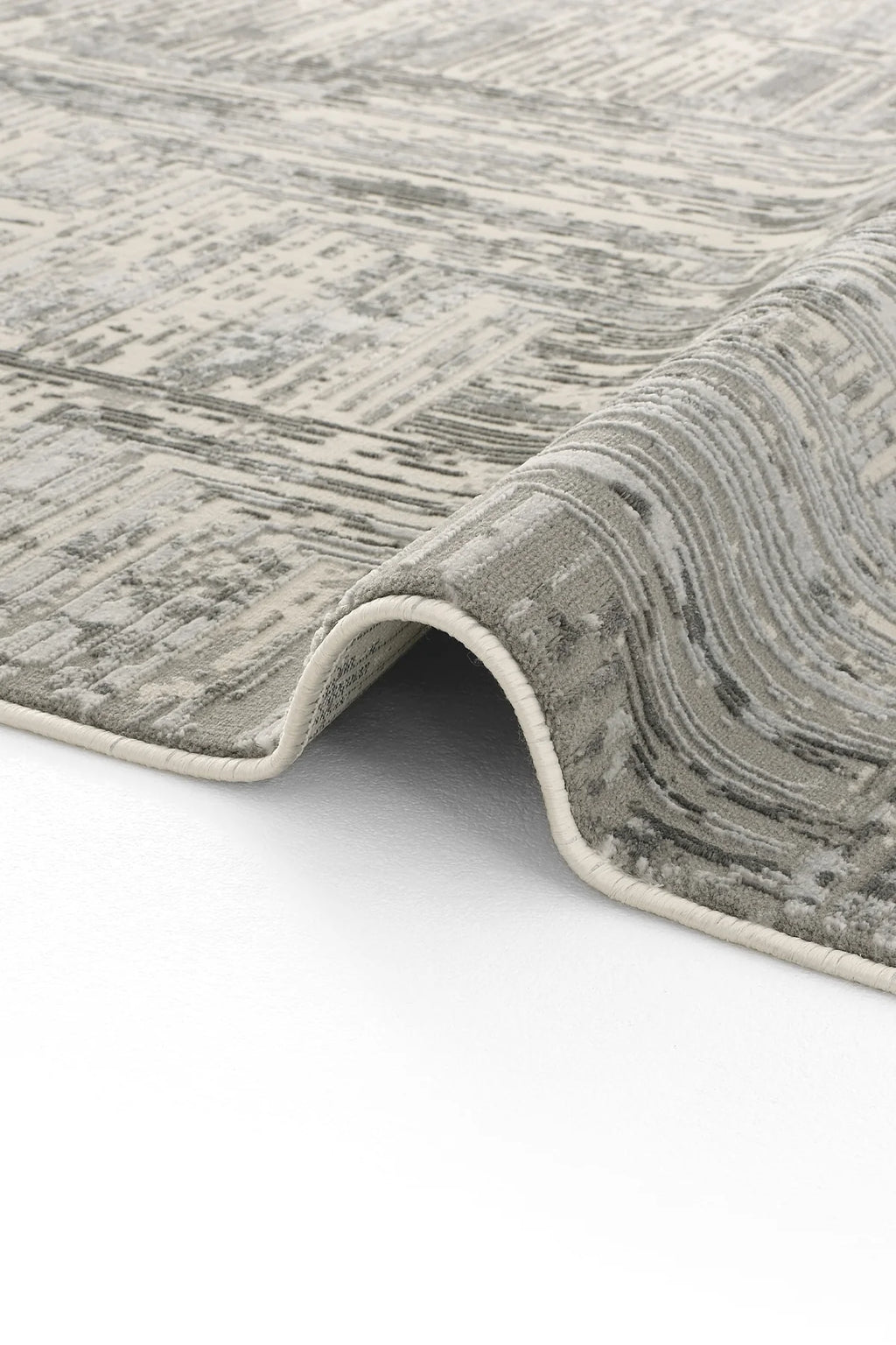 Gri tonlarında modern desenli Luxess halı Hermes serisi kıvrılmış kenar detaylı