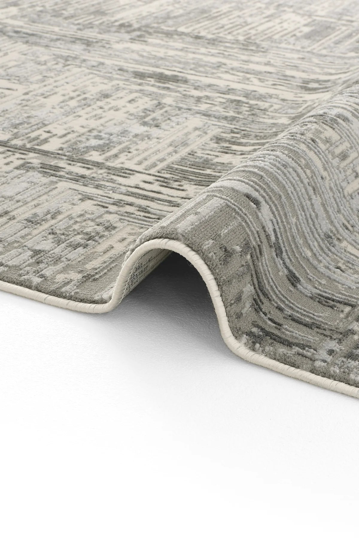Gri tonlarında modern desenli Luxess halı Hermes serisi kıvrılmış kenar detaylı