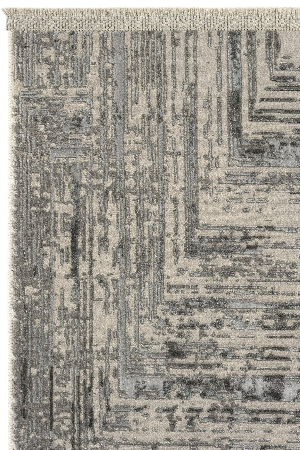 Gri ve krem renklerde modern desenli Luxess Hermes halı kenar detayı