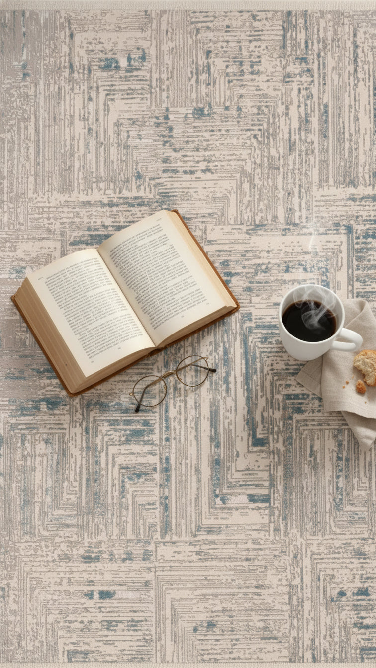 Mavi bej desenli halı üzerinde açık kitap, metal çerçeveli gözlük ve buharlı kahve fincanı