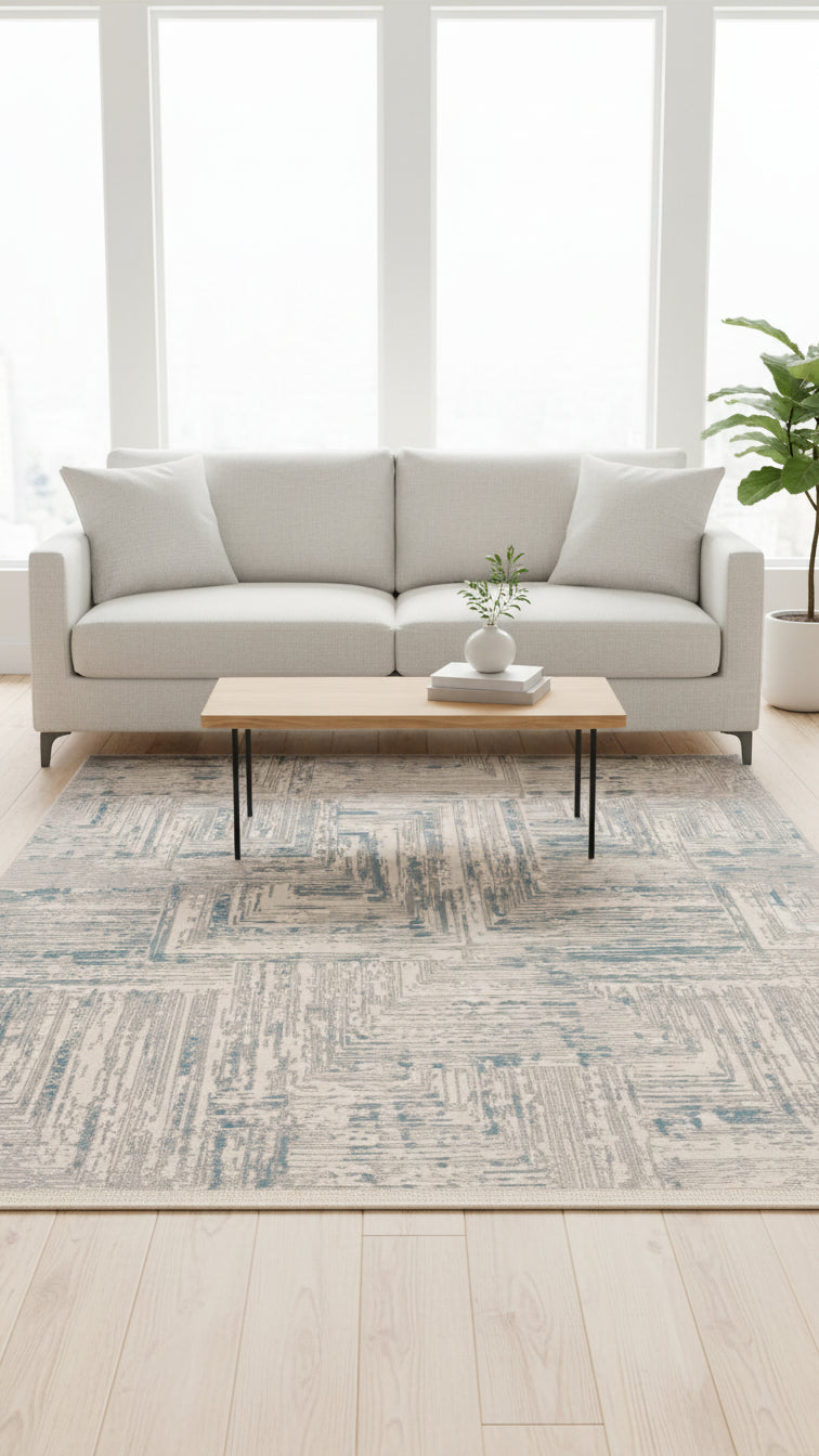 Modern açık gri koltuk, desenli mavi bej halı, ahşap sehpa ve dekoratif saksı bitkisi