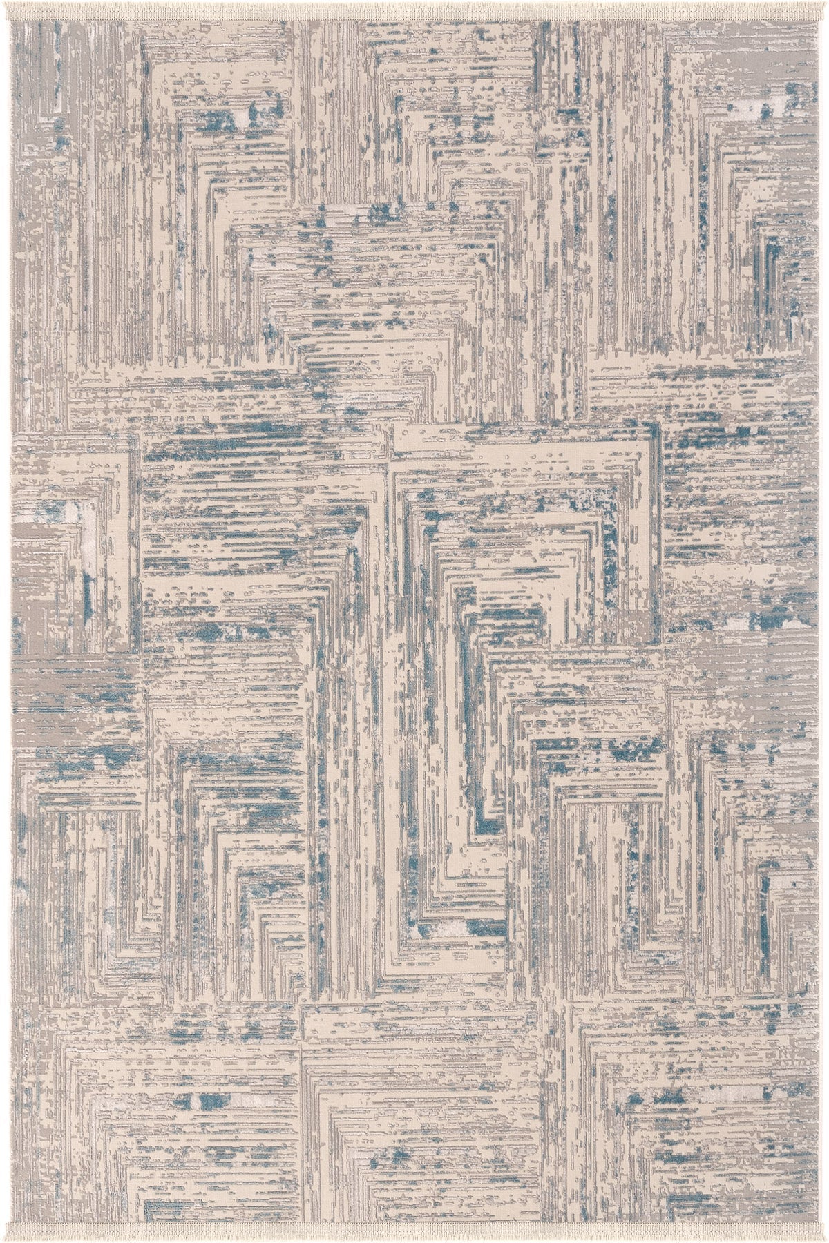 Bej zemin üzerinde mavi ve gri geometrik desenli modern halı