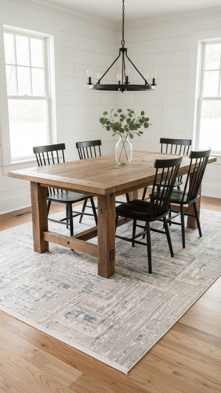 Rustik ahşap yemek masası, siyah sandalyeler ve modern avize ile aydınlık yemek odası