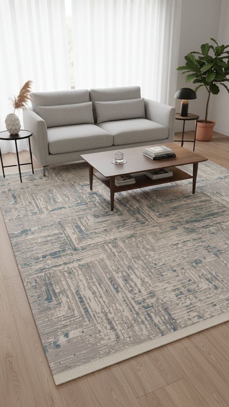 Modern gri koltuk, ahşap sehpa ve mavi bej geometrik desenli halı ile şık oturma odası