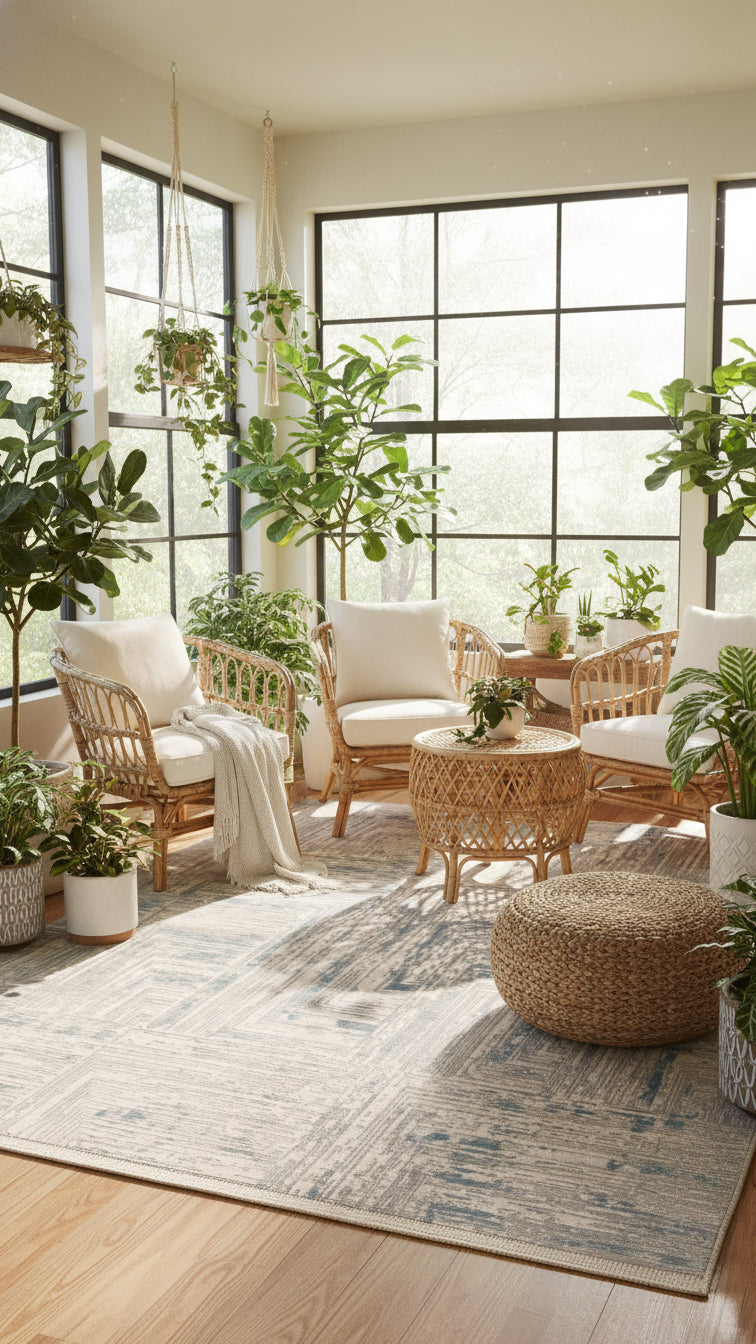 Büyük pencereli aydınlık odada doğal hasır koltuklar ve masa, bitkilerle dekorasyonlu salon