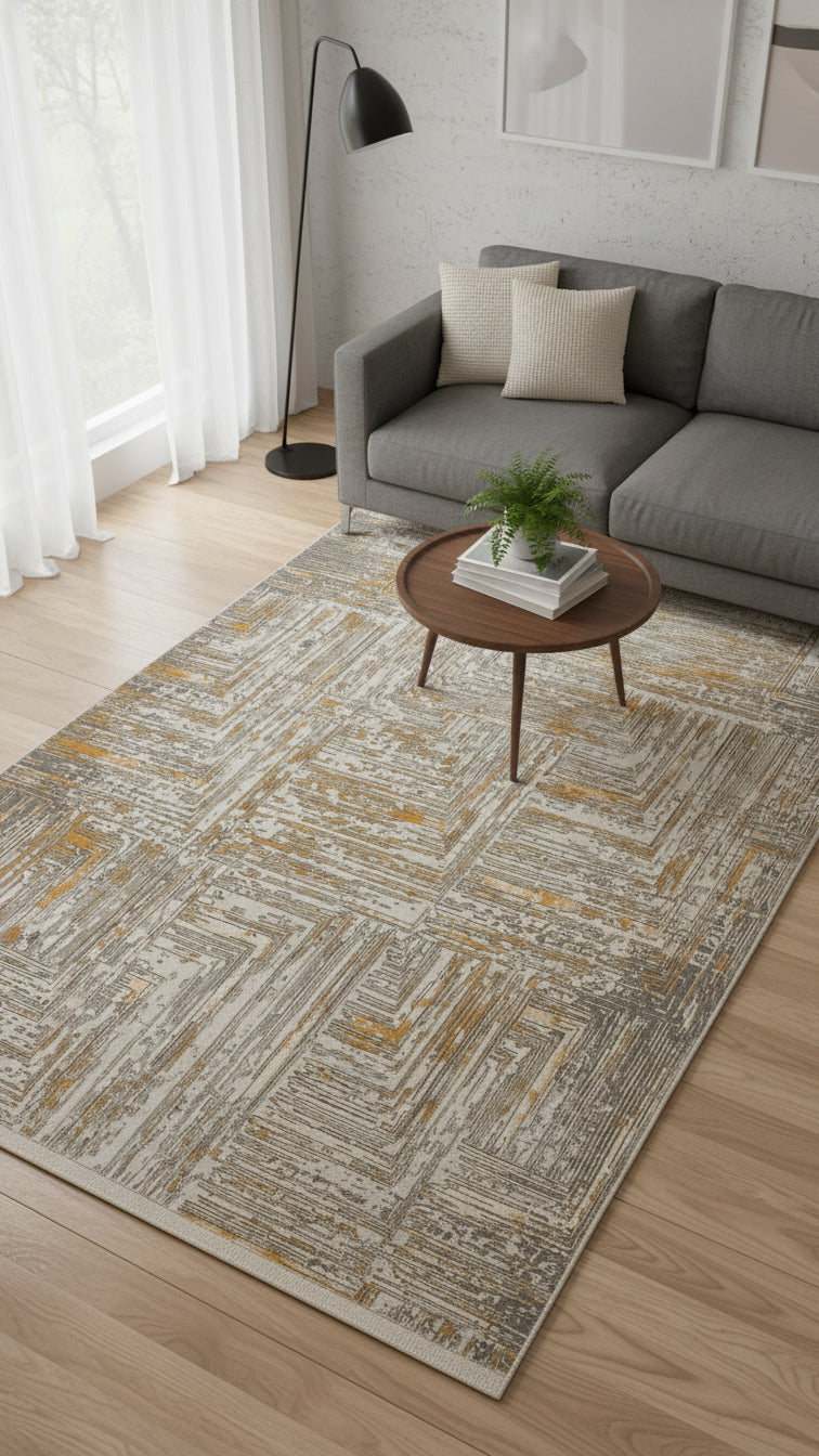 Gri koltuk ve beyaz yastıklı oturma odasında, ahşap sehpa ve modern desende krem gri halı