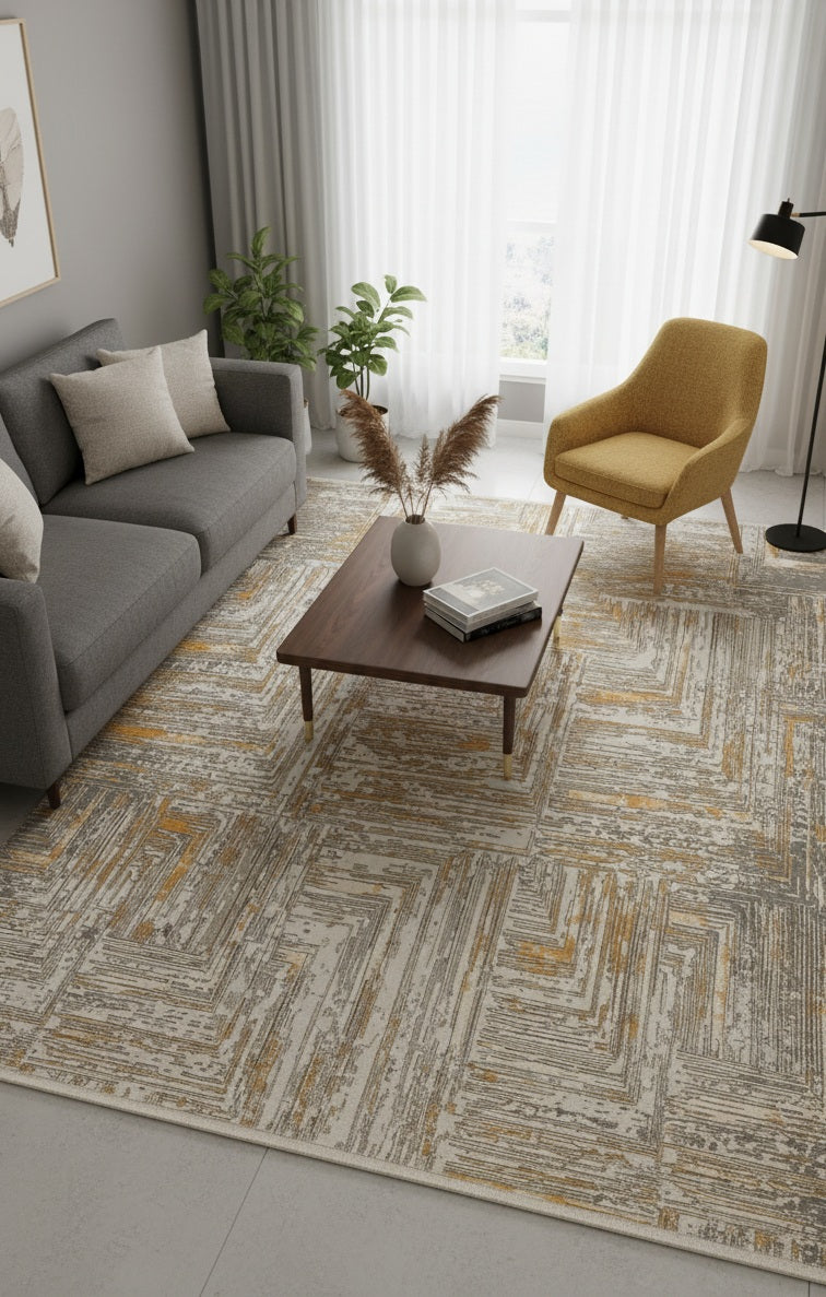 Modern oturma odasında gri koltuk, sarı berjer, ahşap sehpa ve desenli halı