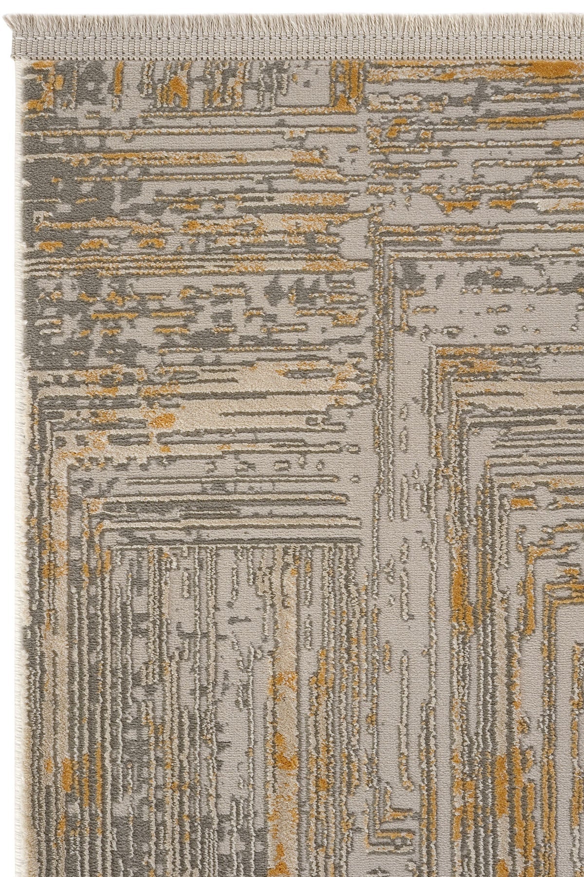 Gri ve altın sarısı tonlarında, soyut çizgisel desenli modern halı detay görüntüsü