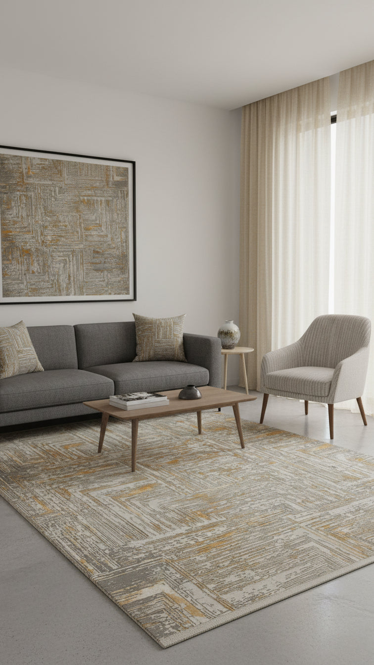 Modern gri koltuk, desenli halı, ahşap sehpa ve bej berjerli sade oturma odası tasarımı