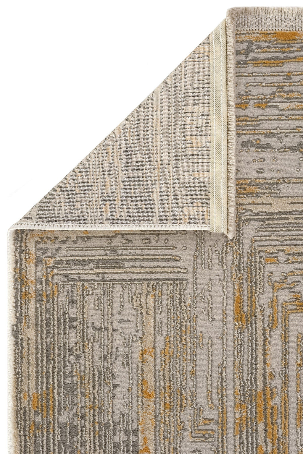 Gri ve altın renkli soyut desenli kutu kenarı gösteren modern Luxesshali Hermes halı
