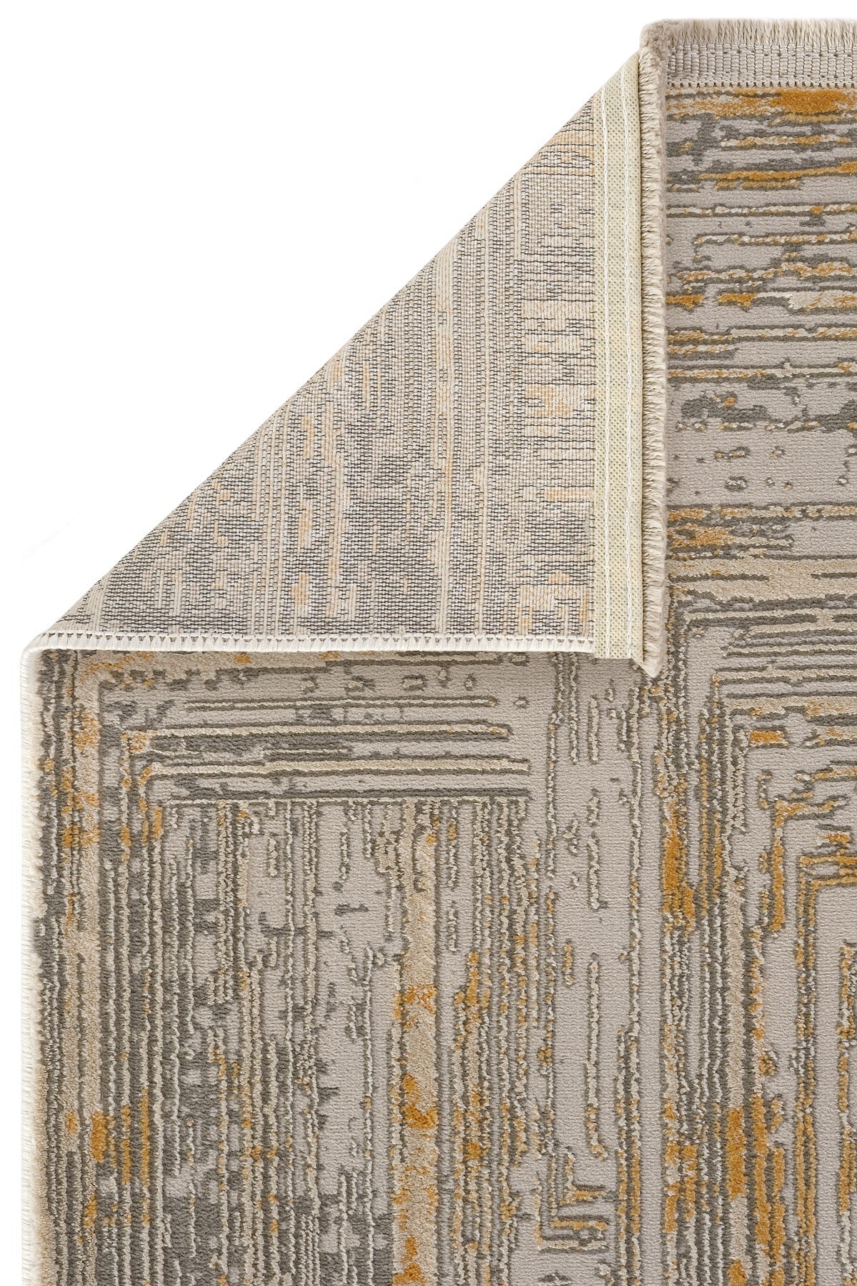 Gri ve altın renkli soyut desenli kutu kenarı gösteren modern Luxesshali Hermes halı